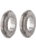 Built Tough High Precision Turntable Bearing For Rotary Table And Slewing Support Mounts Run Slick Through Cycles Easy Snap Install Heavy Gear Rig 180X280X43Mm Yrt180 P4 pair of metal turntable bearings showing smooth surface and mounting holes.
