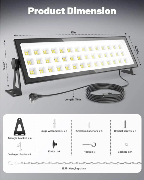 Two Pack Linkable LED Shop Lights 100W 15000LM 6000K Daylight Brightness Plug In Garage Light With 9.84ft Cord Built In Outlet, includes dimensions and mounting accessories