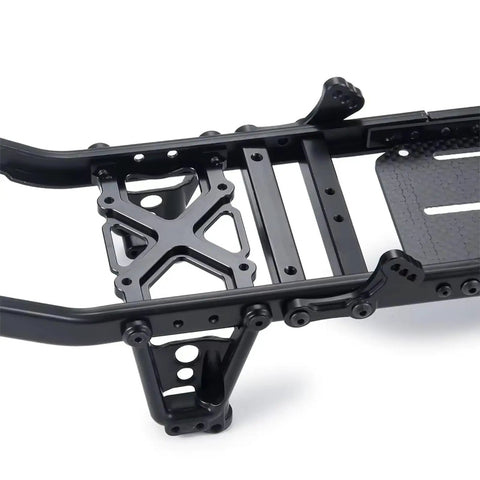 Close-up of Axial 1 By 10 RC Car Chassis Frame Kit For SCX10 II, carbon fiber and metal components, side angle view.