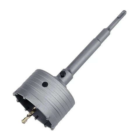 Built Like A Tank 4 Inch Concrete Hole Saw With 220mm Sds Plus Shank Rod Featuring Heavy Duty Alloy Steel Construction and Center Pilot Bit.