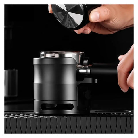 Perfect Your Daily Grind With This Top Shelf Height Adjustable Coffee Tamping Station built for 58mm portafilters in use.