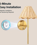 Wireless Boho Rattan Wall Sconce Set of Two with sleek brass finish, magnetic mount, showing easy installation feature.