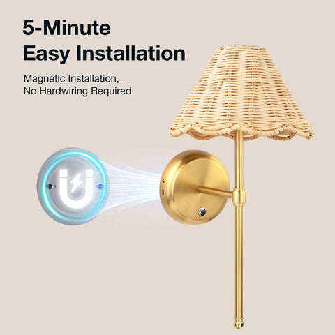 Wireless Boho Rattan Wall Sconce Set of Two with sleek brass finish, magnetic mount, showing easy installation feature.