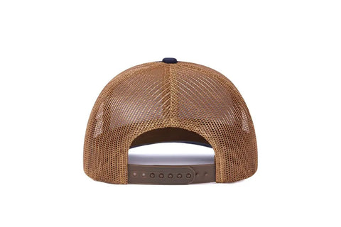 Back view of Western Farm Tractor Trucker Hat With Embroidered Design Custom Text Adjustable Mesh Back Cap Navy Brown Lightweight Polyester