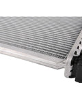 Heavy Duty Aluminum Cooling Radiator Assembly for Tesla Model S 2016 to 2021 close-up showing aluminum core and connectors.