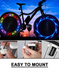 Rechargeable LED Bike Wheel Lights Spoke Lights Waterproof For Night Riding on bike, easy to mount, bright patterns showcased.