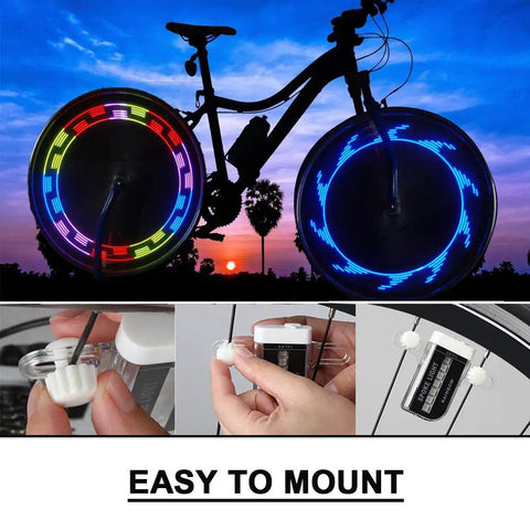 Rechargeable LED Bike Wheel Lights Spoke Lights Waterproof For Night Riding on bike, easy to mount, bright patterns showcased.