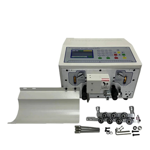 Touch Screen Automatic Wire Stripper And Cutter Machine For Precise Stripping Peeling And Cutting Of Electrical Cables And Wires With High Speed Performance And Easy Intuitive Controls, featuring touchscreen and accessories.