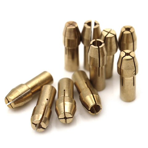 Heavy Duty Brass Micro Collet Chuck Adapter Set For Dremel Rotary Tools 0.5 To 3.2mm Compatible With Mini Power Drills, showing multiple brass adapters.