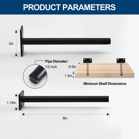 Diagram showing 12 Pack 6 Inch Black Solid Steel Floating Shelf Brackets Hidden Concealed Shelf Supports with measurements and shelf placement.