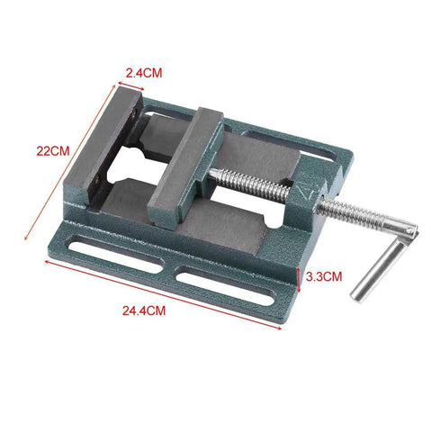 Dang Tough Industrial Drill Press Vice Featuring Thickened Six Inch Steel Jaw Opening And Heavy Cast Iron Bench Clamp Rig with dimensions.