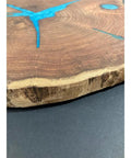 Close-up of 16 Inch Handcrafted Lazy Susan Charcuterie Board With Turquoise Painted Wood Rotating Serving Tray For Cheese And Snacks