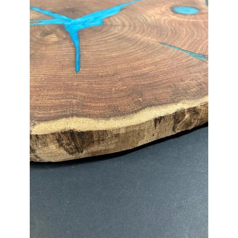 Close-up of 16 Inch Handcrafted Lazy Susan Charcuterie Board With Turquoise Painted Wood Rotating Serving Tray For Cheese And Snacks