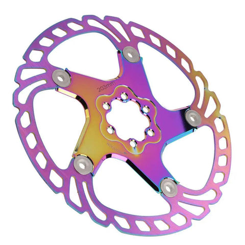 High End Mountain Bike Brake Discs And Rotor Pads 203mm Five Bolt Mount with rainbow finish for enhanced braking performance.