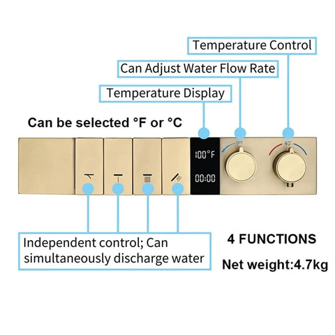Upgrade Your Bathroom Game With This Fire Smart Shower System Featuring Thermostatic Control Built In Bluetooth Speaker And Plush Ceiling Rainfall Head In Sleek Matte Black For Total Luxury Vibes, gold shower temperature control panel.