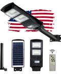 60W Solar Street Light Outdoor With 6000 Lumens LED Flood Brightness, remote control, pole mount, American flag background