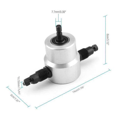 Double Head Sheet Metal Nibbler Cutter Drill Attachment For Straight And Curved Cuts, compact size with dimensions shown.