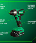 Green 18V MultiVolt Cordless Hammer Drill with features labeled: quick change chuck, speed selection, LED light, soft grip.