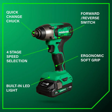 Green 18V MultiVolt Cordless Hammer Drill with features labeled: quick change chuck, speed selection, LED light, soft grip.