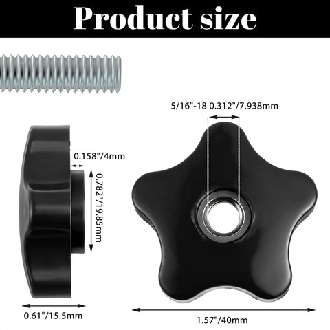 Heavy Duty 5/16 Black Star Knobs With Female Thread 4 Pack ergonomic wing nuts showcasing detailed dimensions and threaded insert.