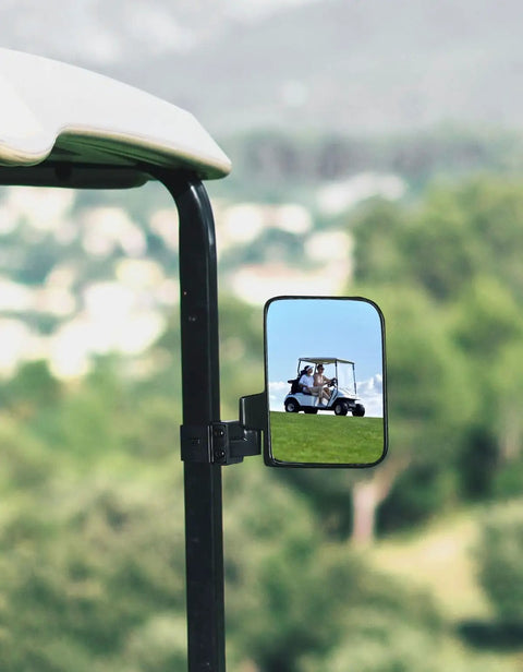 No Drilling Golf Cart Side Mirrors With Folding Design, Universal Rear View For 0.75 To 1.25 Inch Square Rails, black mirror on cart