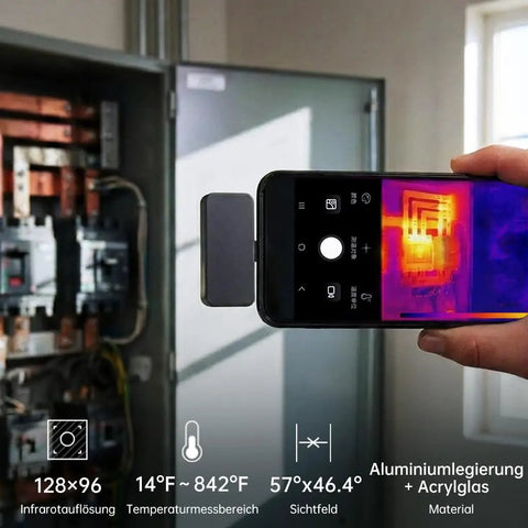 Grab And Go Portable Android Type C Thermal Camera 128 By 96 IR Resolution With Plug And Play Home Inspection Ready For HVAC Auto And Pet Detection Clear Thermal Imaging And Real Time Temperature Readouts aluminum alloy USB-C thermal camera on Android inspecting electrical panel