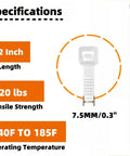 White Zip Ties 12 Inch 100 Pack Heavy Duty Self Locking Nylon Cable Ties 120 Lbs Tensile Strength Specifications