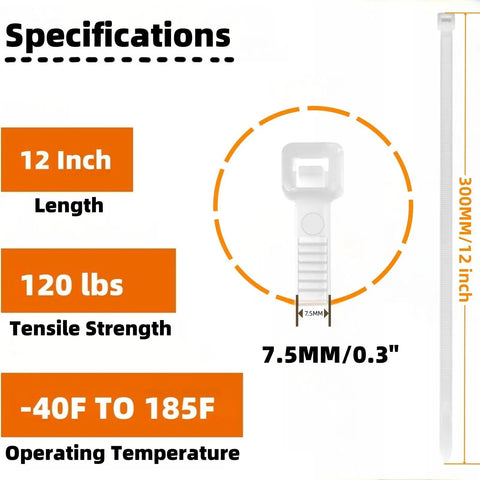 White Zip Ties 12 Inch 100 Pack Heavy Duty Self Locking Nylon Cable Ties 120 Lbs Tensile Strength Specifications