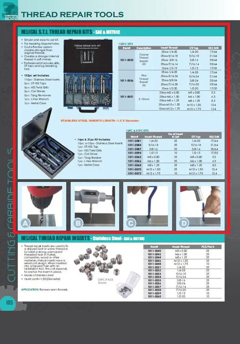 Product information sheet showing the M5 X 0.8 Helical STI Thread Repair Kit, 31 Piece Set With 25 Stainless Steel Inserts, Tap, Drill.