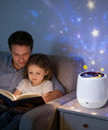 Kids Night Light Projector With USB Cable, 360 Degree Rotating Star Sky Lamp projecting stars in bedroom with father and child reading