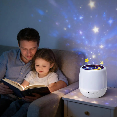 Kids Night Light Projector With USB Cable, 360 Degree Rotating Star Sky Lamp projecting stars in bedroom with father and child reading