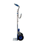 Heavy Duty Electric Stair Climbing Dolly With 375 Lb Capacity For Smooth Appliance Moves Beverage Delivery And Commercial Hand Truck Hauling, side view, aluminum and blue, pneumatic wheels.