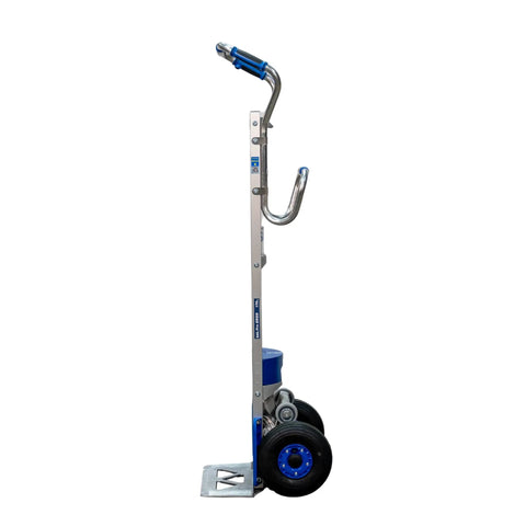 Heavy Duty Electric Stair Climbing Dolly With 375 Lb Capacity For Smooth Appliance Moves Beverage Delivery And Commercial Hand Truck Hauling, side view, aluminum and blue, pneumatic wheels.
