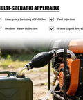 Slick Heavy Duty Rubber Fuel Transfer Pump Bulb in use, 5.9x1.9 inch, transferring fuel from a green canister to a generator.