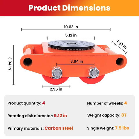 4 Piece 8T Machine Skates With 360 Degree Swivel Top Plate PU Wheels dimensions and specifications chart