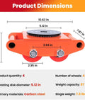 Dimensions of Heavy Duty 8-Ton Machine Moving Skates And Rollers for Industrial Shop Use, carbon steel, 4 wheels, 7.5 lbs.