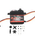 Premium Digital RC Servo Motor Equipped With Heavy Duty Metal Gears And Integrated Encoder Control System on display with connectors and accessories.
