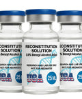 Three 25 ml glass vials with blue caps, labeled Reconstitution Solution with 0.9% benzyl alcohol for research use
