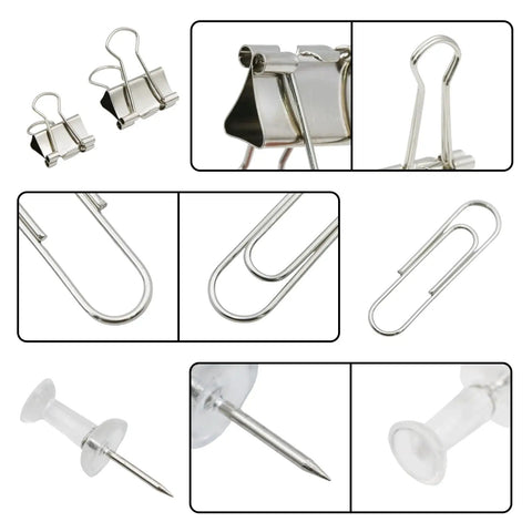 Complete Office Supplies Set With Paper Clips, Binder Clips, And Push Pins In A Handy Box for office, school, and home use