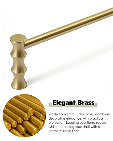 4 Pack Unlacquered Antique Brass Gallery Rails For Shelving Featuring Rock Solid Anti Slide Edges in a close-up with elegant brass finish.
