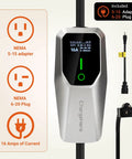 Road Ready Portable EV Charger Providing Zero Hassle Level One And Two Charging At 16 Amps features NEMA plugs and display.