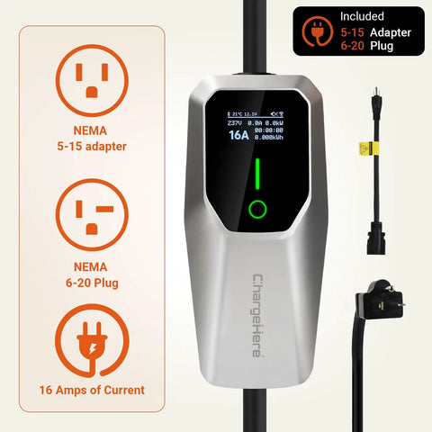 Road Ready Portable EV Charger Providing Zero Hassle Level One And Two Charging At 16 Amps features NEMA plugs and display.