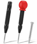 Hella Heavy Duty Automatic Center Punch Pair Featuring Adjustable Spring Loaded Mechanism Plus Bonus Replacement Tips, black and red tools.