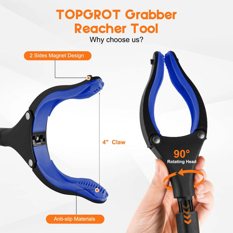 TOPGROT 34-inch foldable grabber/reacher tool with 90° rotating jaw and anti-slip blue claws