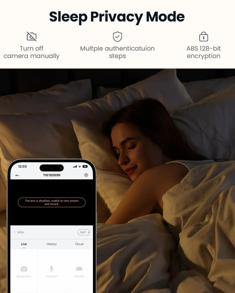 Woman in bed with phone displaying 2K Indoor Security Camera System Dual Pack With 360 Degree Pan Tilt AI Tracking Night Vision