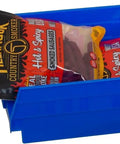 Heavy Duty Pro Grade Plastic Shelf Bins 12x8x4 Inches Blue 12 Pack For Garage Closet And Drawer Organization with snacks inside