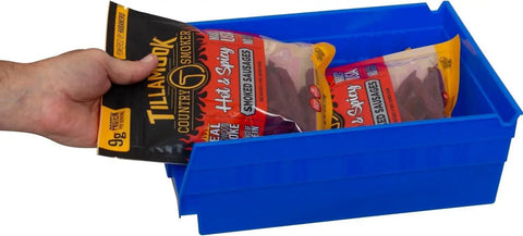 Heavy Duty Pro Grade Plastic Shelf Bins 12x8x4 Inches Blue 12 Pack For Garage Closet And Drawer Organization with snacks inside