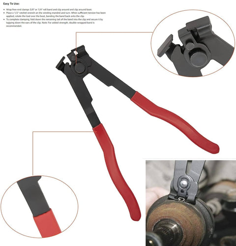 CV Boot Clamp Pliers Kit With Stainless Steel Construction, Ear Tie Pliers for Auto Repair shown in use on axle joint