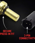 Direct Swap Engine Coolant Temperature Sensor For Chevy Cruze Buick Encore Cadillac Elr 213-4688 showing gold press-in fit and 2-pin connector.