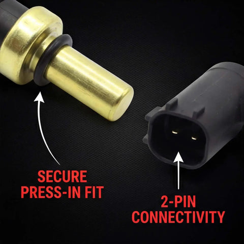 Direct Swap Engine Coolant Temperature Sensor For Chevy Cruze Buick Encore Cadillac Elr 213-4688 showing gold press-in fit and 2-pin connector.